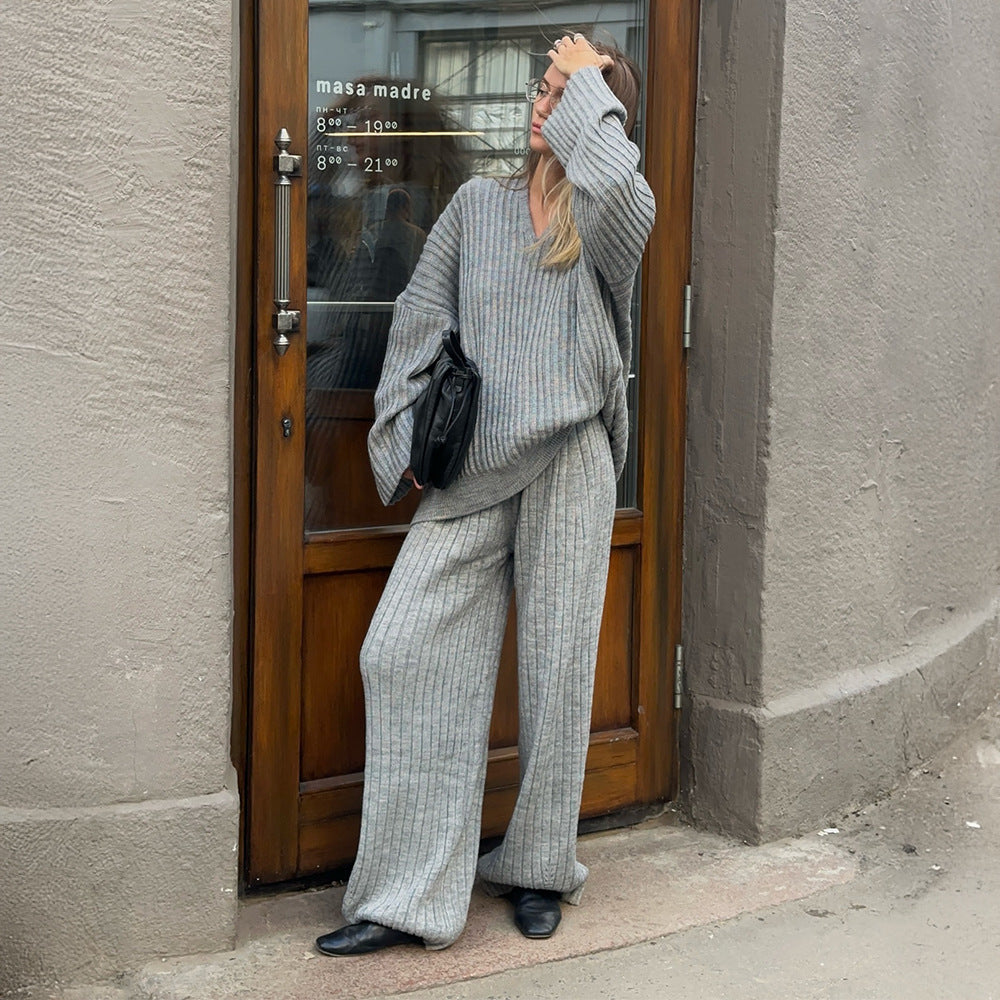 Women's V-Neck Ribbed Knit Sweater Set