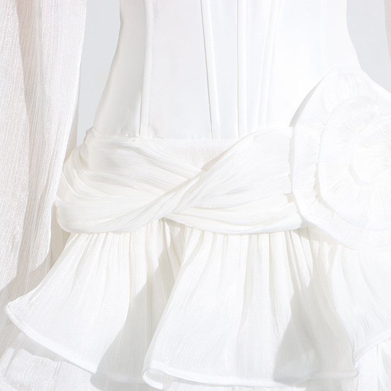 Designed Women's Summer V-Neck Puff Sleeve Short Hem Floral Ruffle Dress