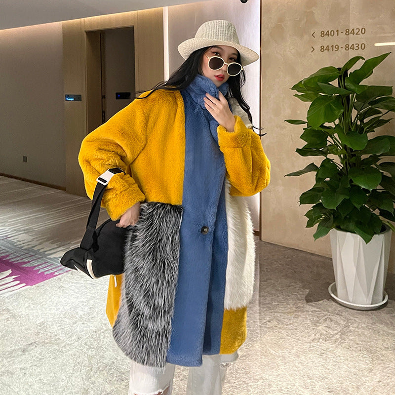 Winter Faux Fur Jacket with Contrast Collar, Oversized Outerwear