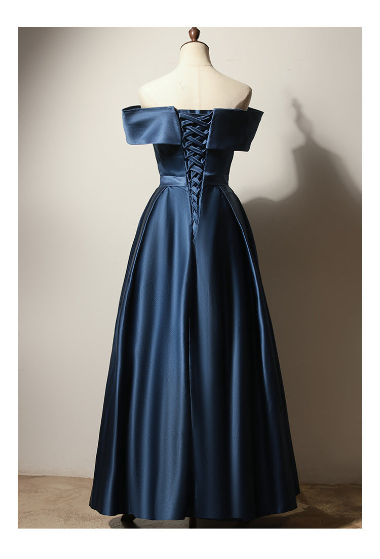 Blue Off-Shoulder Satin Evening Dress