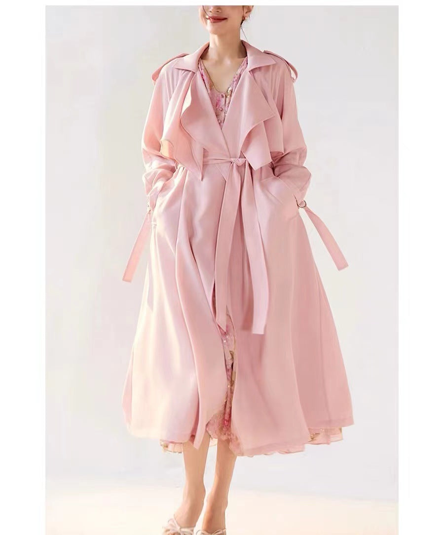 Elegant Pink Long Belted Lightweight Draped Trench Coat