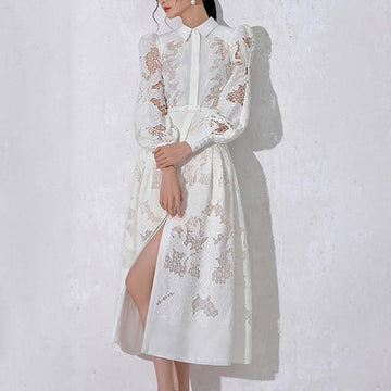 Vintage Collar Long Lantern Sleeve Mid-Length Embroidery Lace Dresses