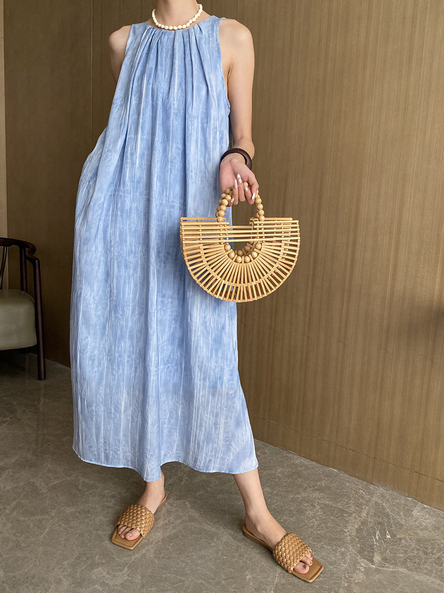 Summer Water Ripple Texture Round Neck Sleeveless Maxi Dress