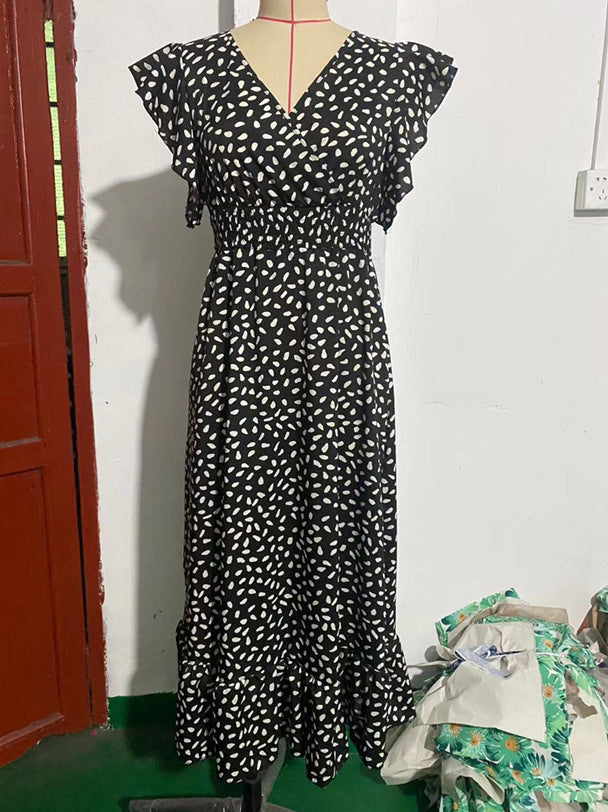 Summer V-Neck Wrap Waist Maxi Dress with Flutter Sleeves-black-S-Free Shipping Leatheretro