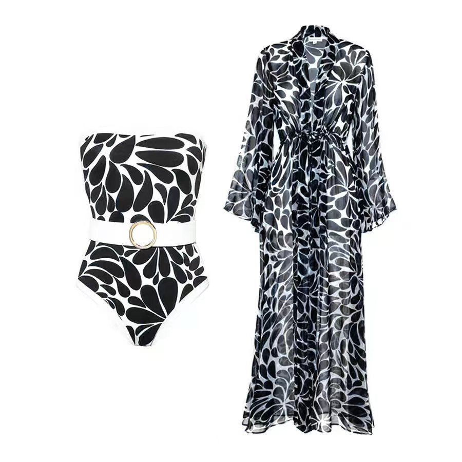 Women's Fashion Print One-Piece Swimsuit with Long Sleeve Cover-Up