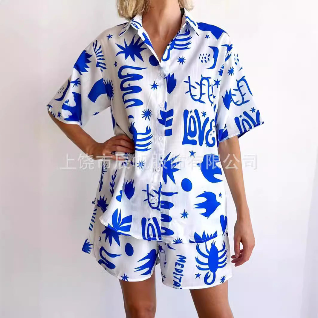 Women's 2-Piece Set – Lapel Short Sleeve Shirt & Shorts Outfit