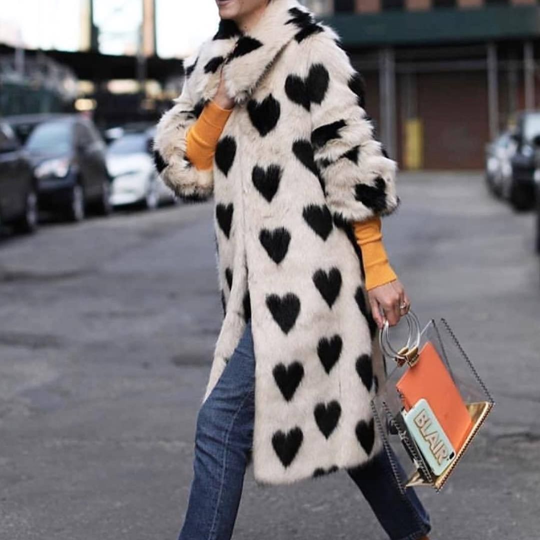 Women's Long Faux Fur Coat – Thickened Plush White Love-Design Winter Coat,