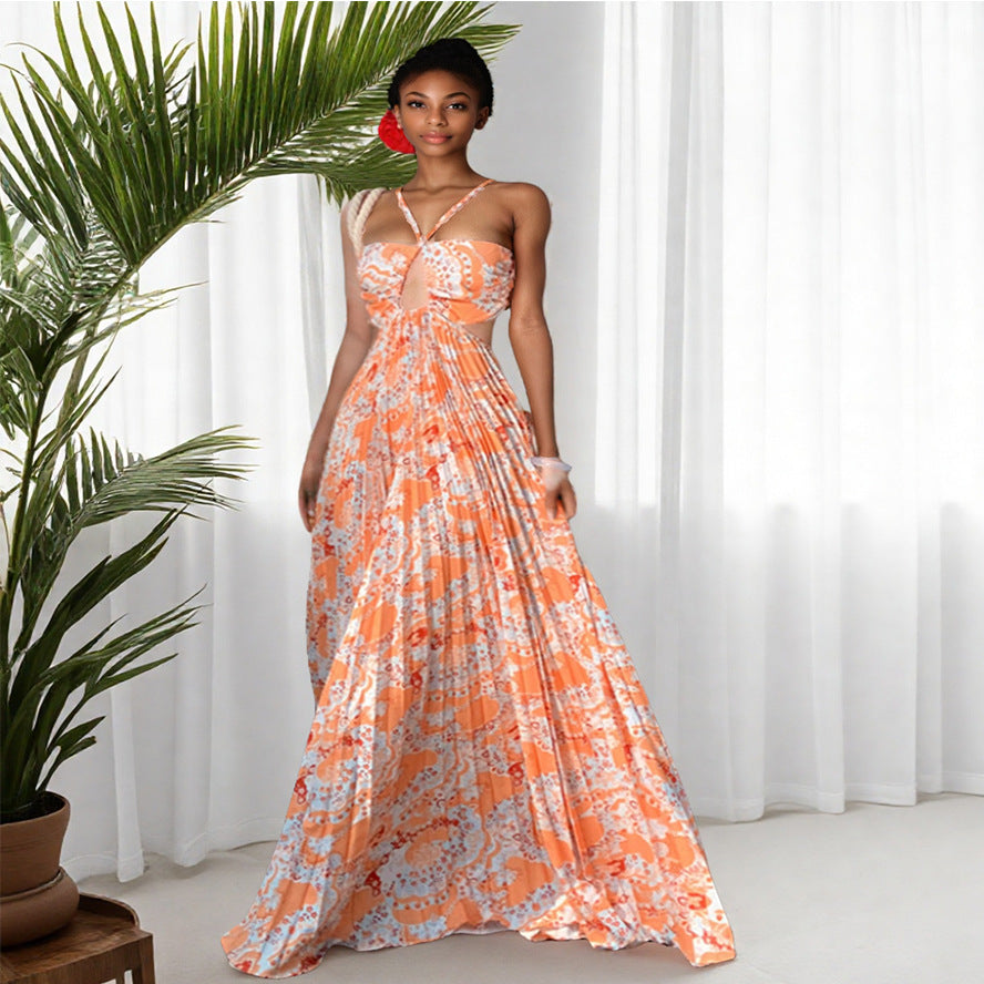 Women’s Summer Sleeveless Hollow-Out Halter Neck High Waist Flowy Printed Maxi Dress