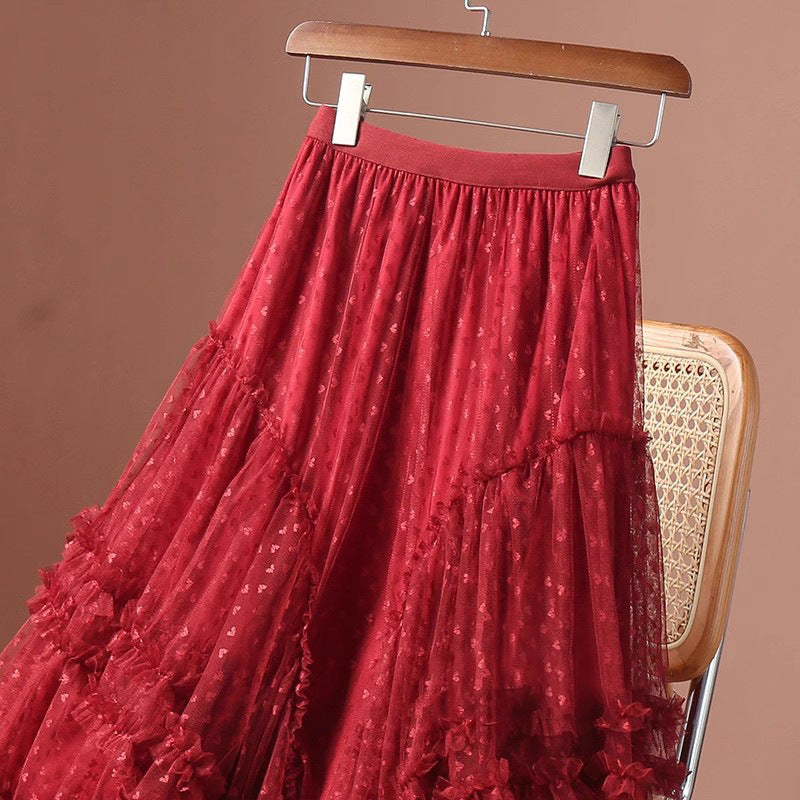 Plus-Size A-Line Tulle Skirt with Jacquard Heart Design