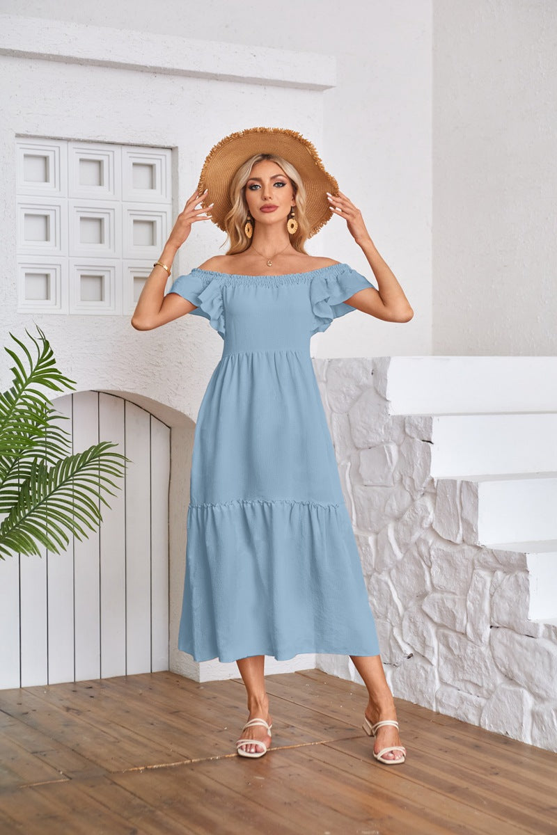 Flying Sleeve Square Neck Off Shoulder Pleated Hem Dress