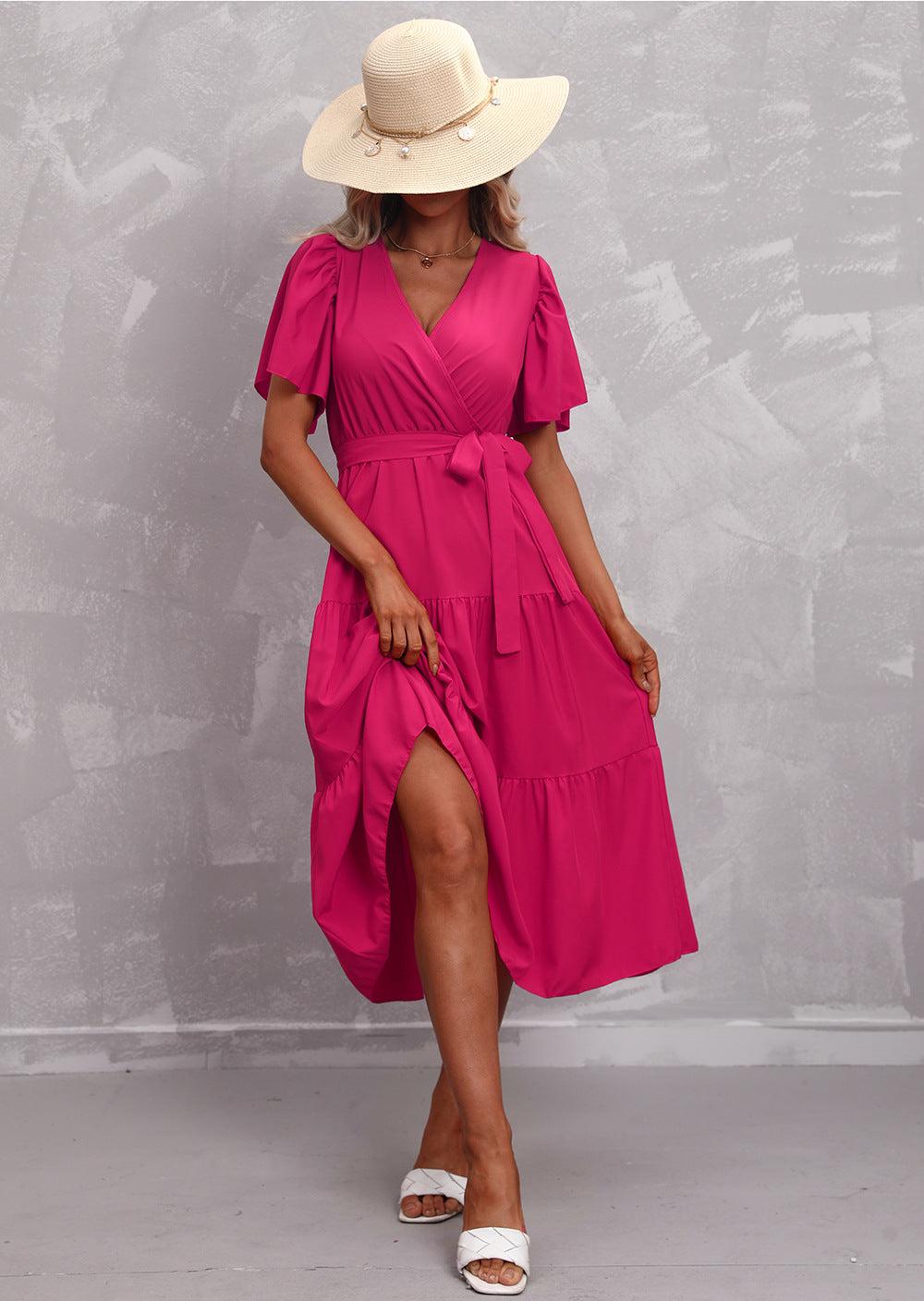 Women's Summer Solid Color V-Neck Short Sleeve Dress
