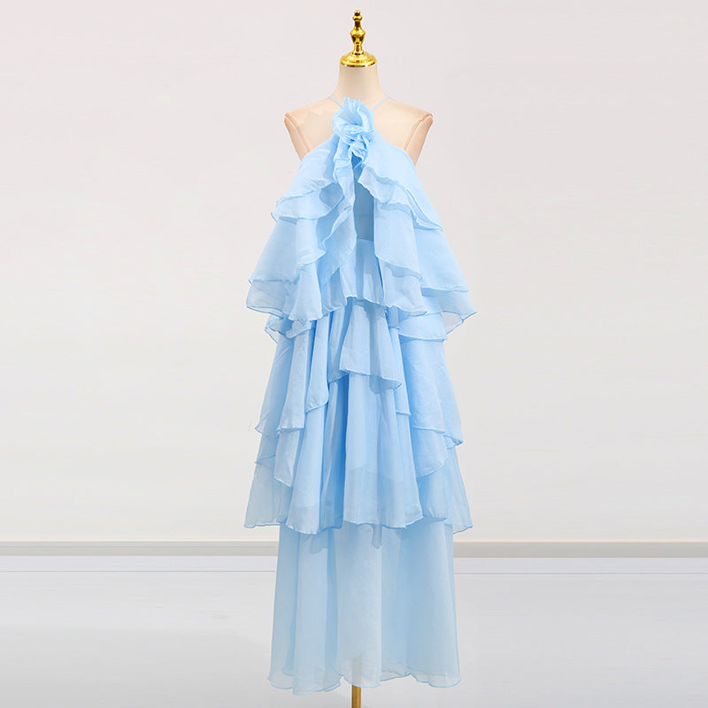 Elegant High-Society Style Dress – Off-Shoulder Backless Maxi Dress with Layered Hem