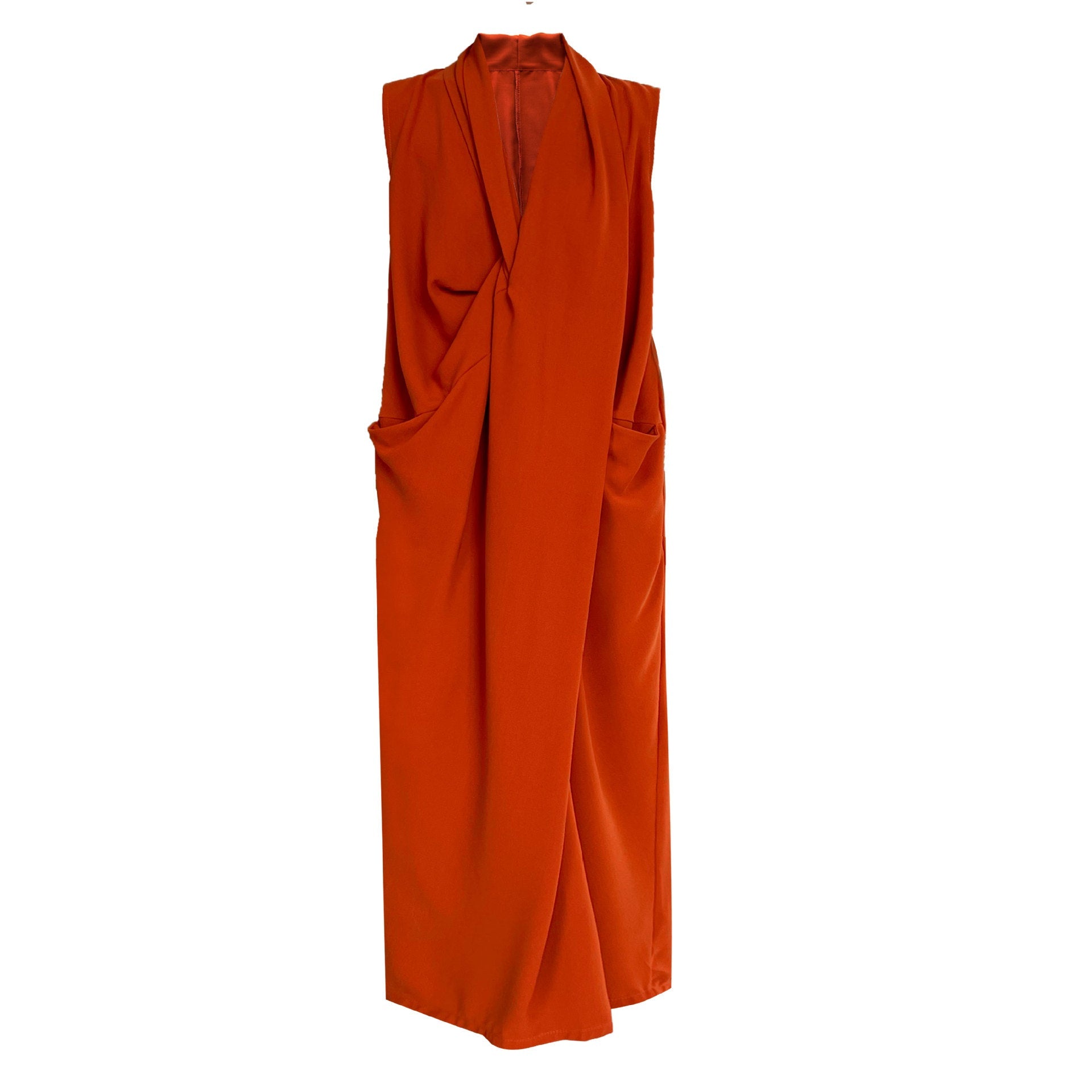 Women's V-Neck Sleeveless Twist Knot Long Dress-Pumpkin color-M-Free Shipping Leatheretro
