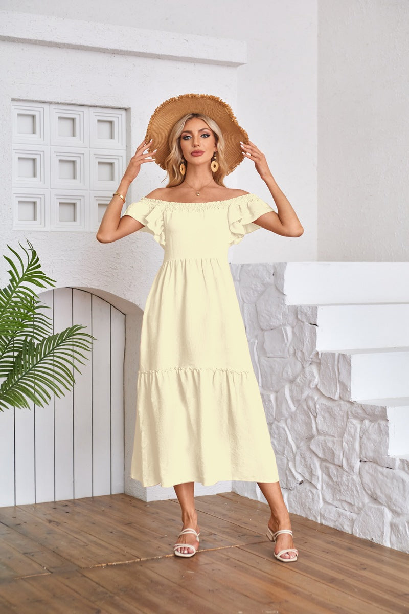 Flying Sleeve Square Neck Off Shoulder Pleated Hem Dress