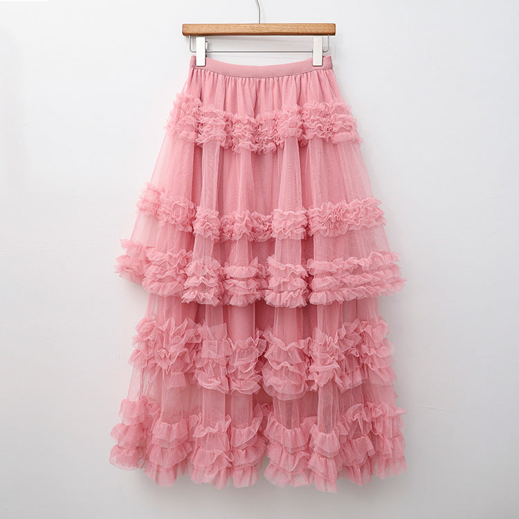 Layered Tulle Skirt - High Waist Ruffled Lace Trim Semi-Formal Skirt