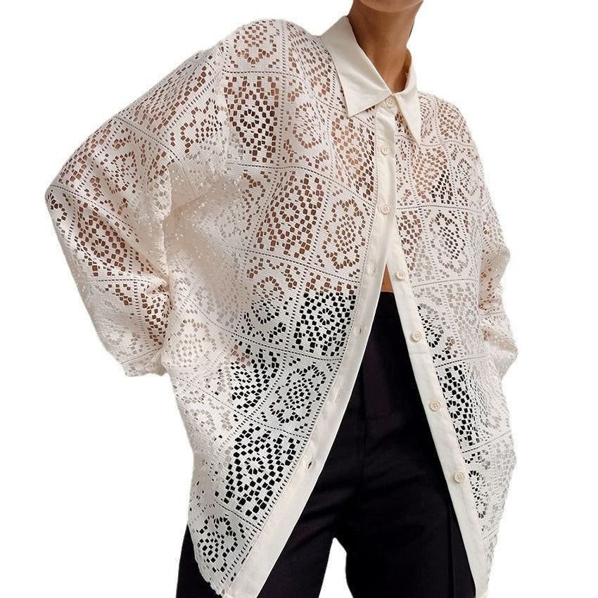 Vintage Lace Blouse – Women's Elegant Long Sleeve Sheer Office Shirt-Ivory-S-Free Shipping Leatheretro