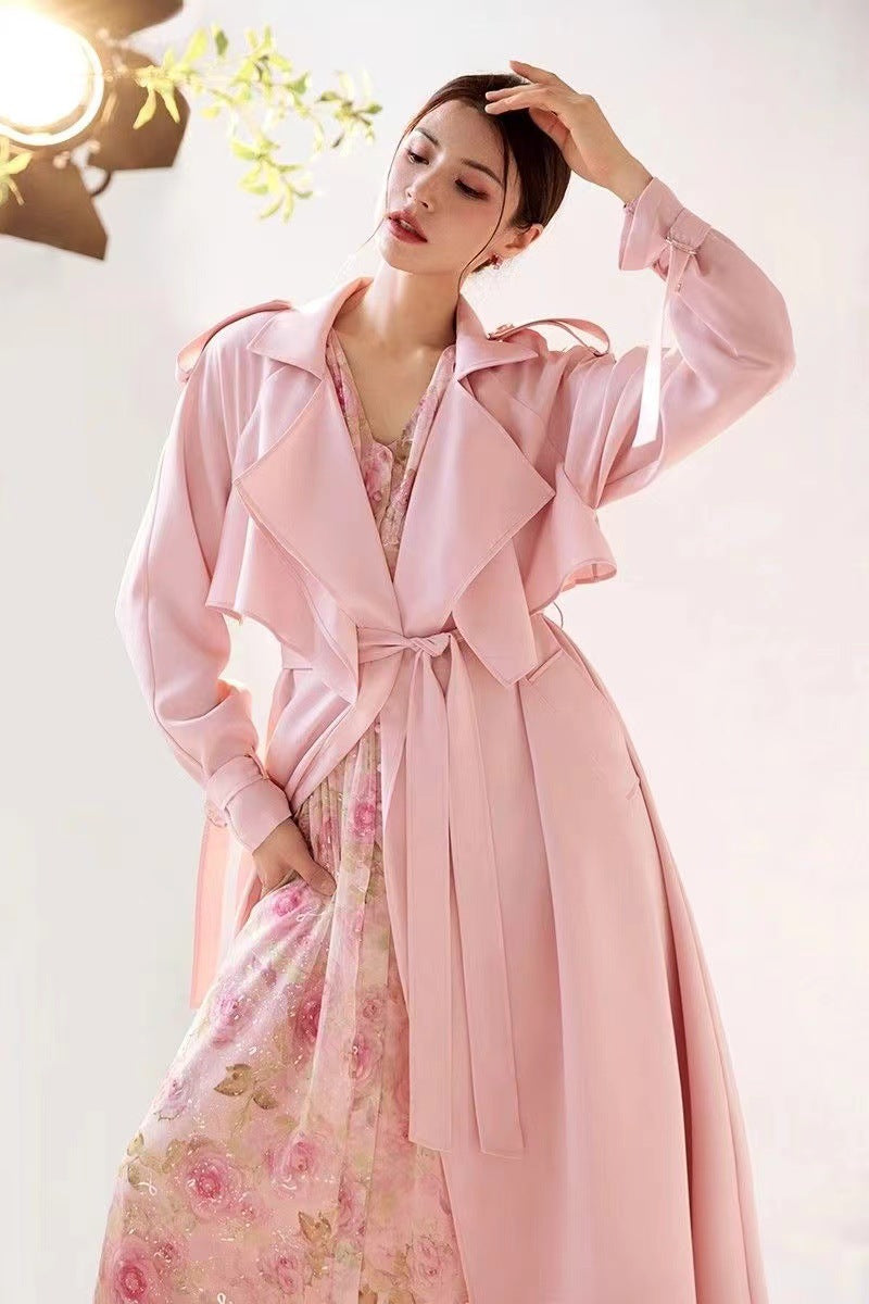 Elegant Pink Long Belted Lightweight Draped Trench Coat