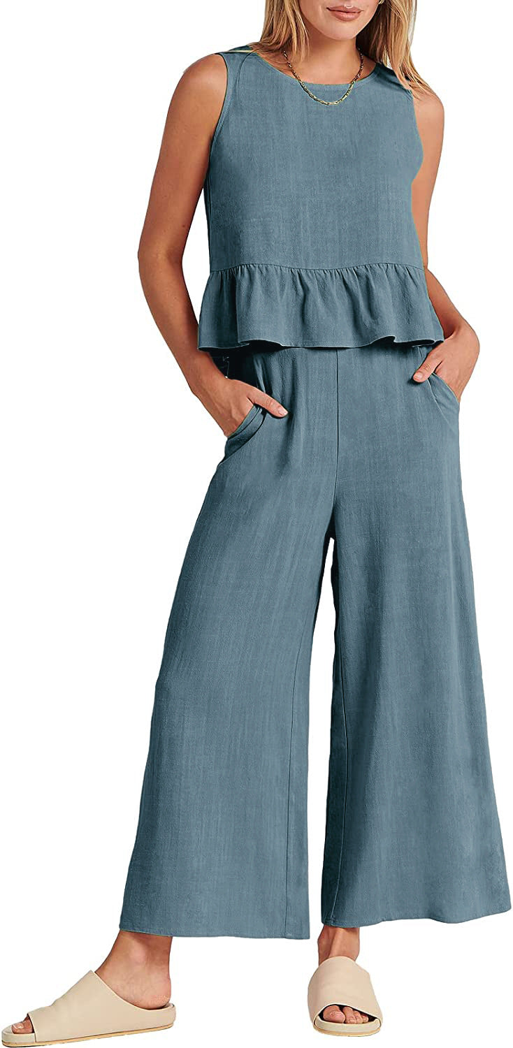 Women's Summer Sleeveless Pleated Vest & Wide-Leg Cropped Pants Casual Set