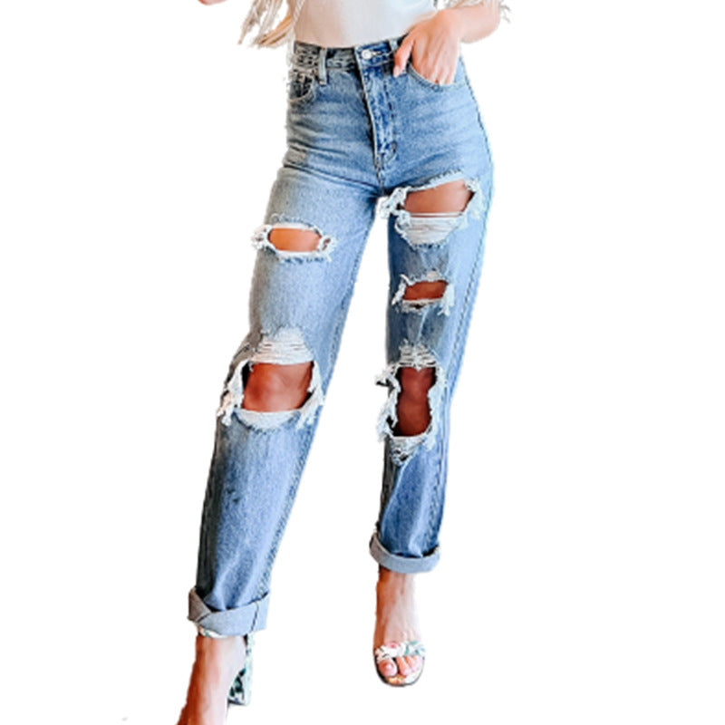 Casual High Waist Broken Holes Jeans for Women