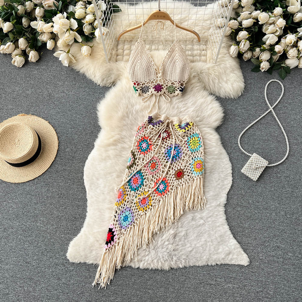 Summer Bohemian Crochet Knitted Strapless Tops & Skirts Women Sets