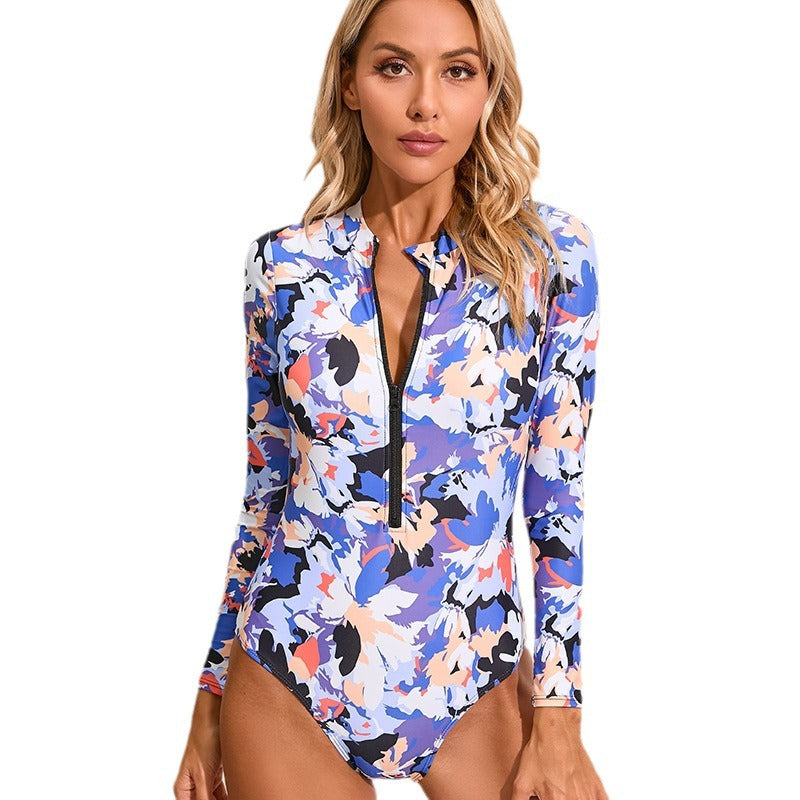Women's Long Sleeve Multi-Color Print Zip-Up One-Piece Snorkel & Surf Wetsuit