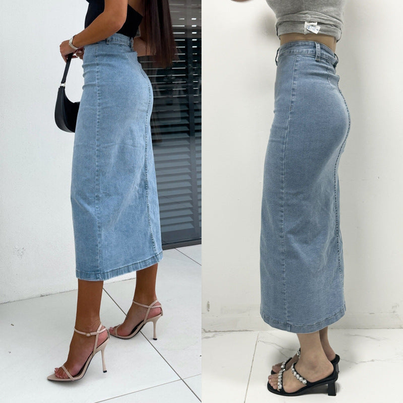 High Waist Asymmetrical Button-Down Denim Pencil Skirt