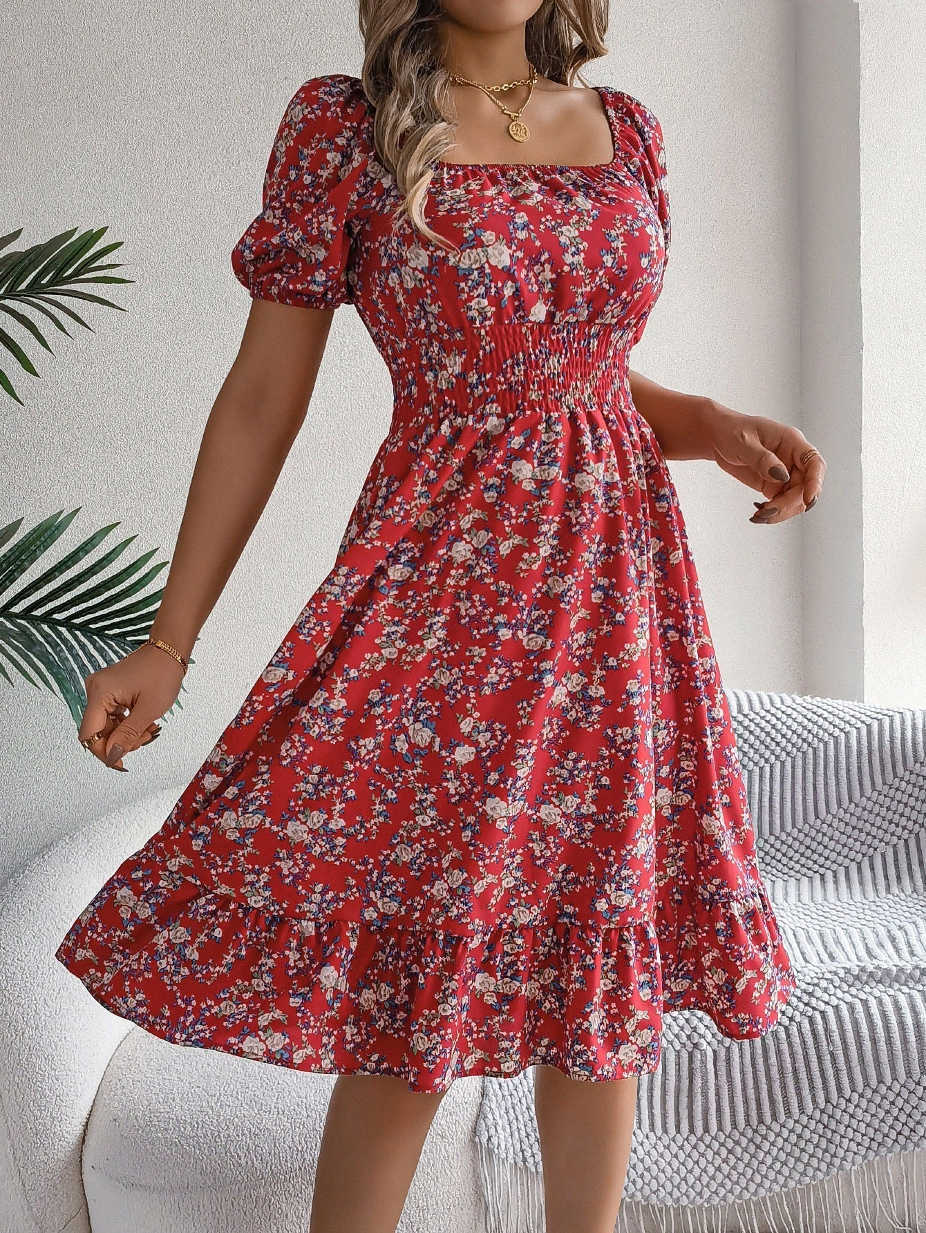Floral Print Square Neck Short Sleeve Wrap Waist Ruffle Hem Dress