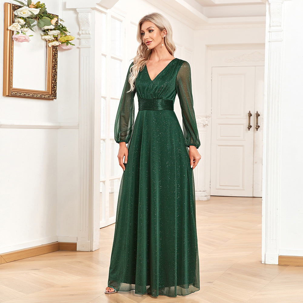 Green Chiffon V Neck Long Sleeves Party Dresses/bridesmaid Dresses-Dresses-Free Shipping at meselling99