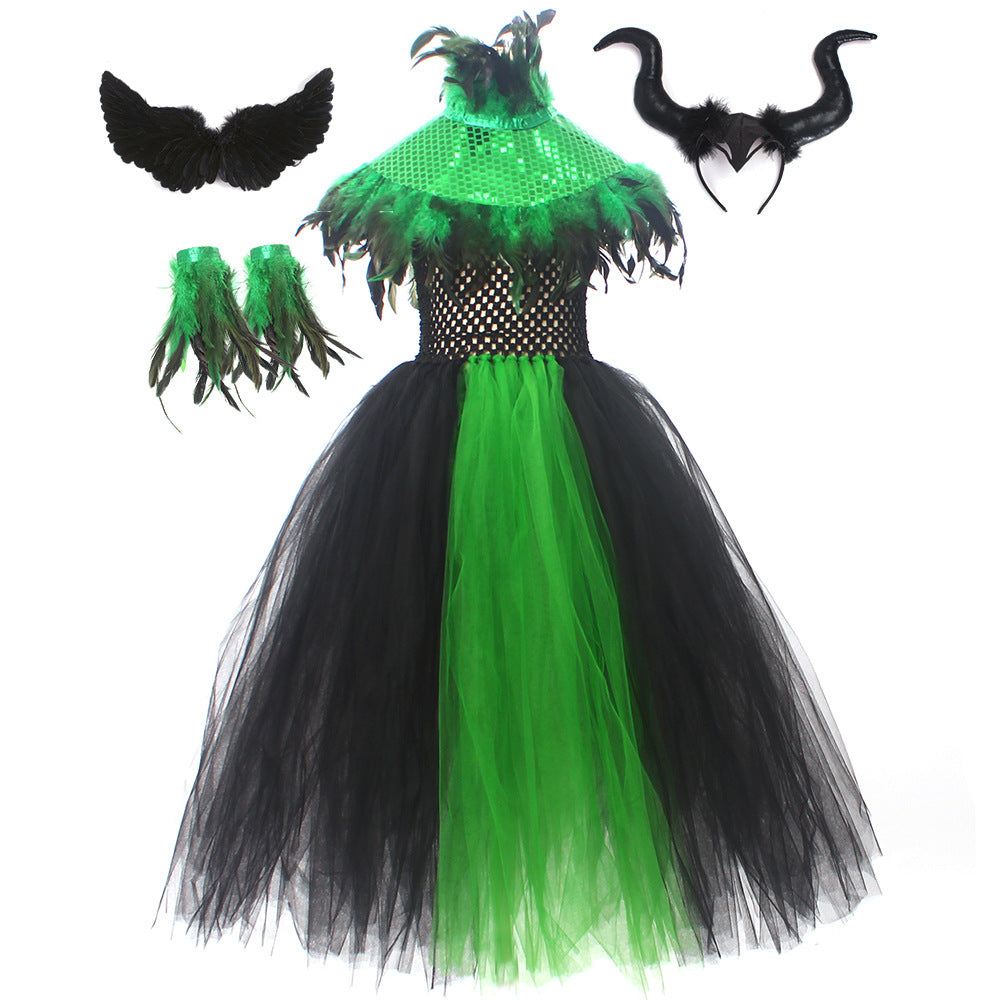 Halloween Glitter Feather Collar Witch Long Dress