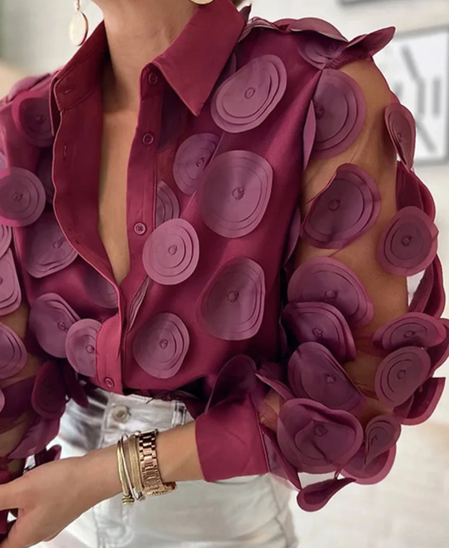 Women's Fall Long Sleeve Round Neck Mesh Sleeve Blouse