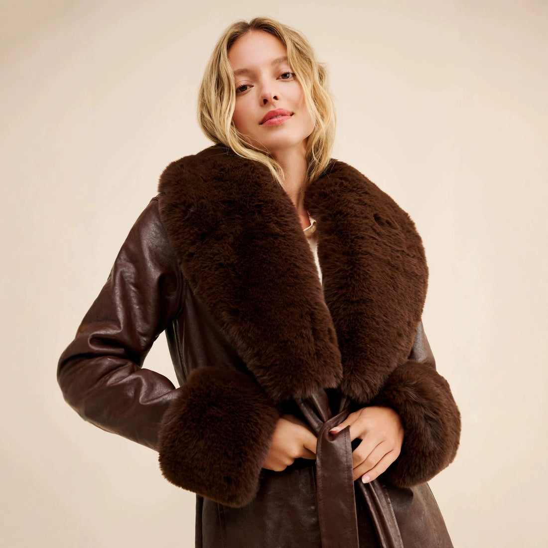 Premium Faux Fox Fur Belted Long Coat