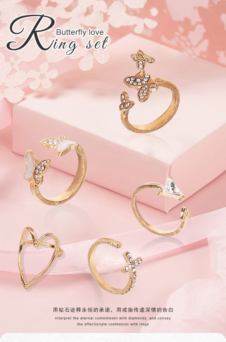 5-Piece Cross, Triangle, Heart Hollow-Out Drop Oil Butterfly Ring Set