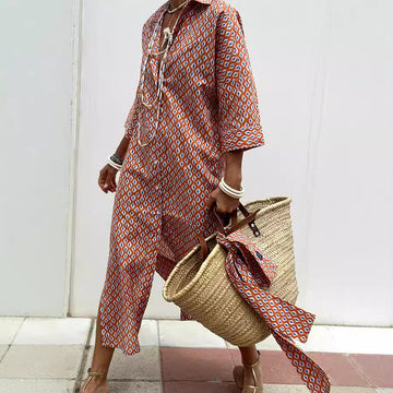 Women's half Sleeve Striped Button-Down Shirt Dress with Lapel Collar