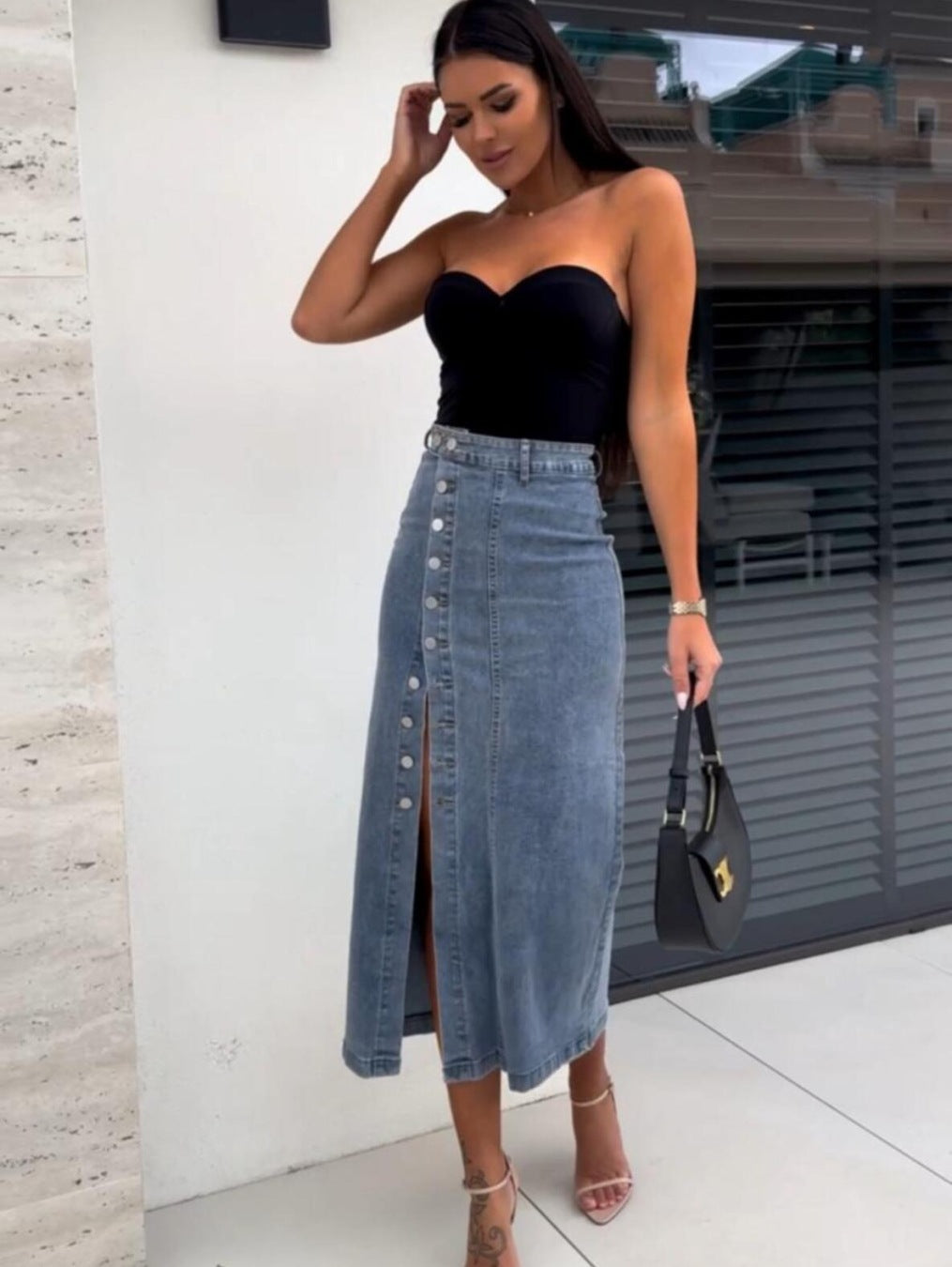 High Waist Asymmetrical Button-Down Denim Pencil Skirt