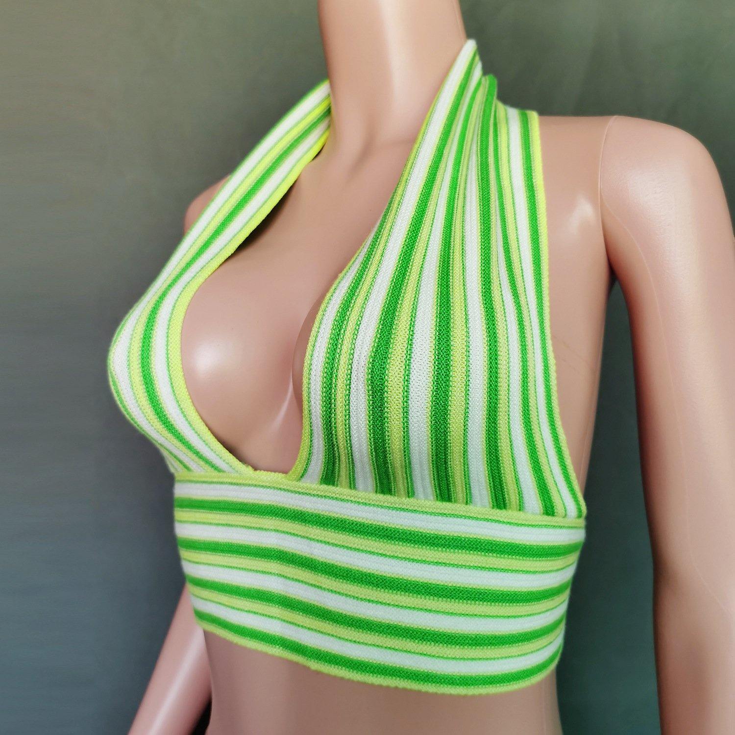 Striped Deep V-Neck Backless Women Tops-STYLEGOING