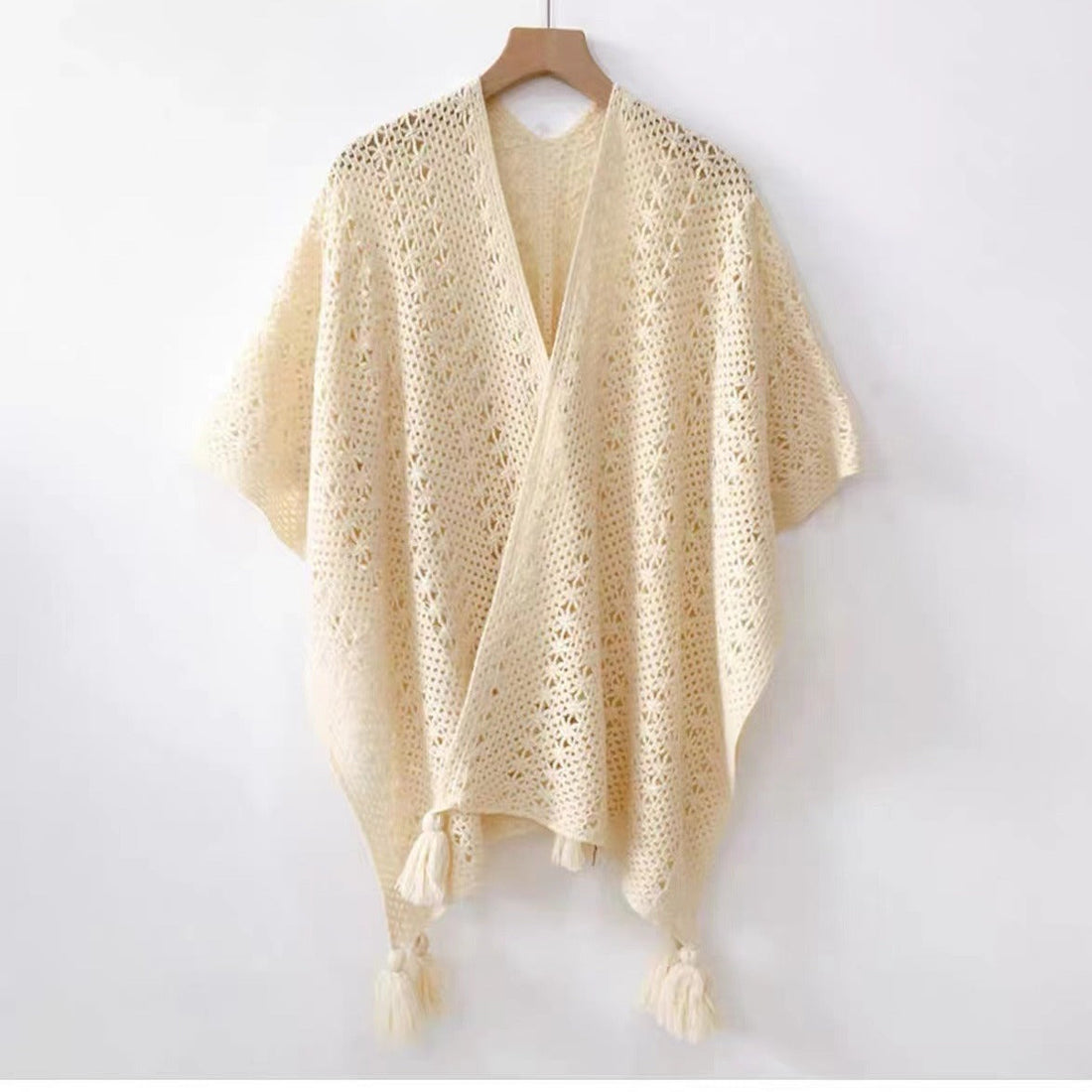 Boho Chic Knit Fringe Shawl – Ethnic Travel Wrap with Slit for Women