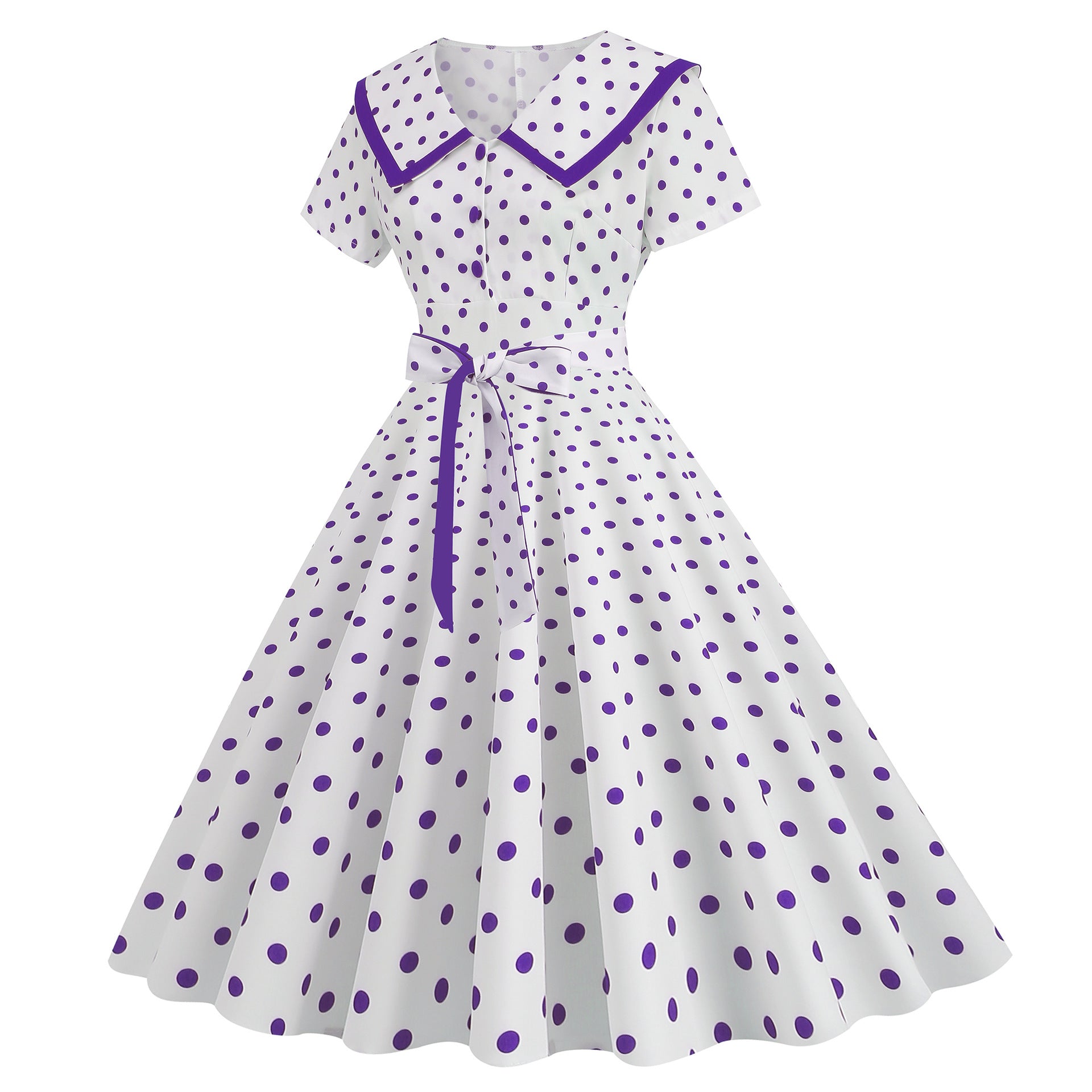 Vintage-Inspired Polka Dot Print Wrap Waist Flared Dress with Belt