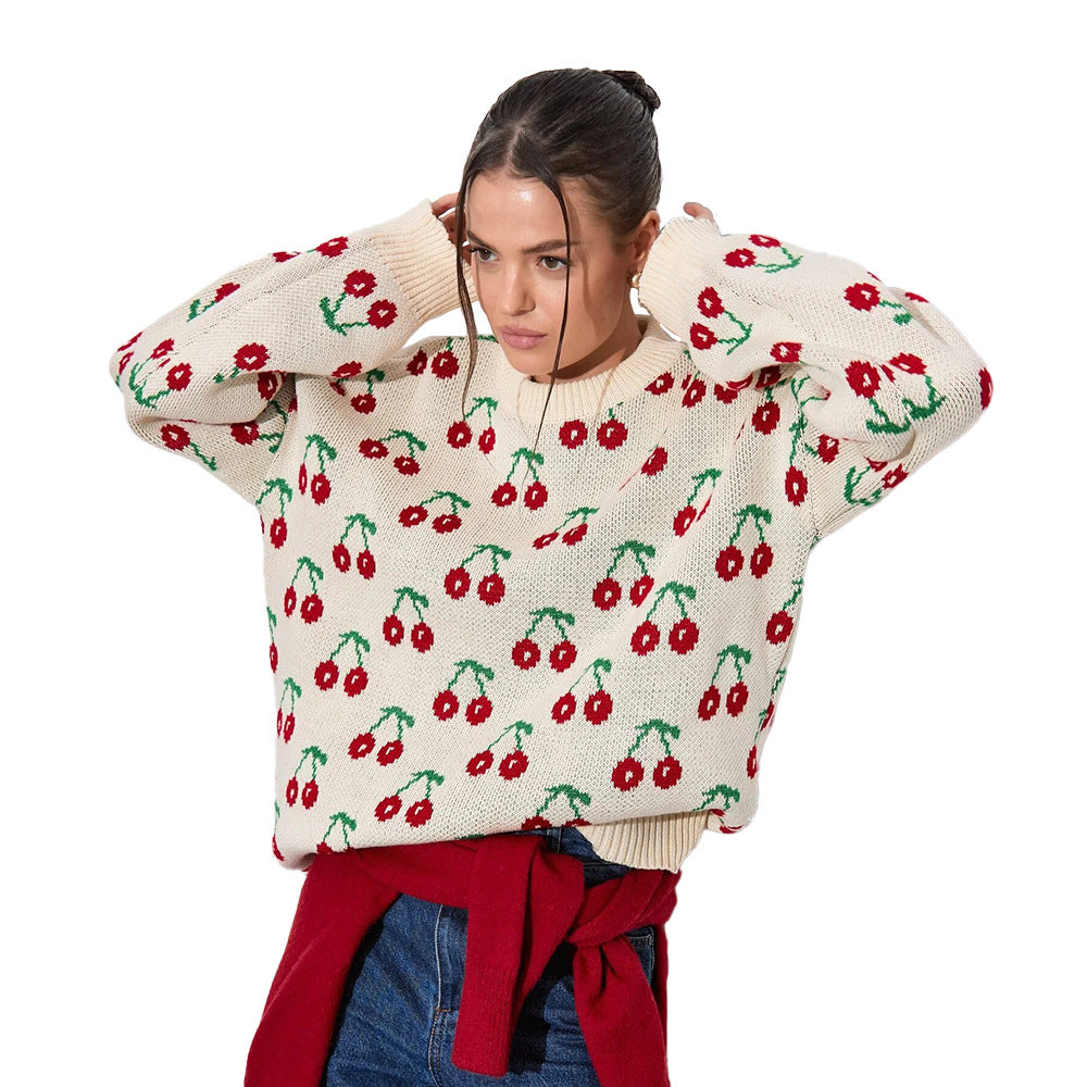 Sweet Cherry Print Sweater - Loose Knit Oversized Pullover