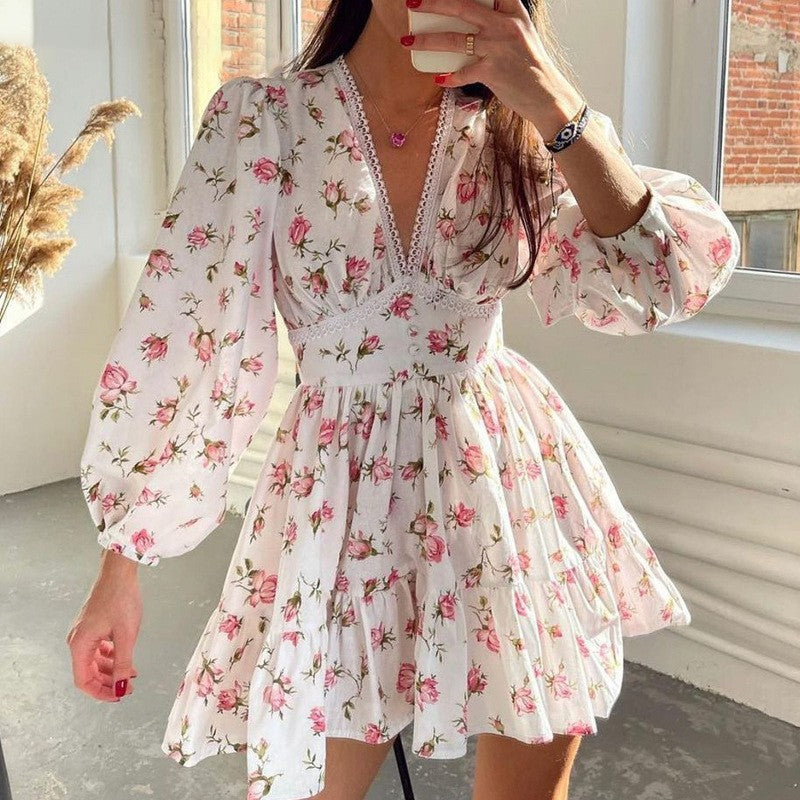 Sweet & Elegant Floral Print V-Neck Lace Dress