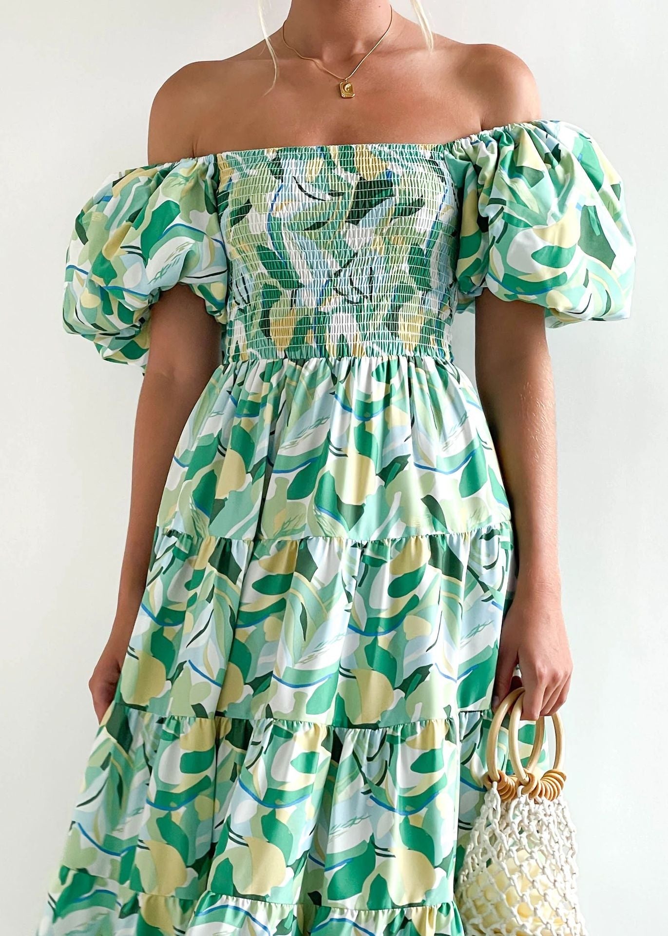 Flutter Sleeve High Waist Off-Shoulder Print Dress