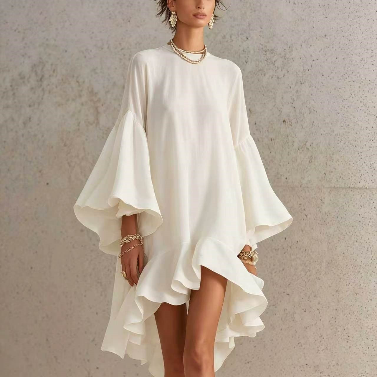 Solid Color Round Neck Flared Bell Sleeve Asymmetrical Hem Oversized Dress