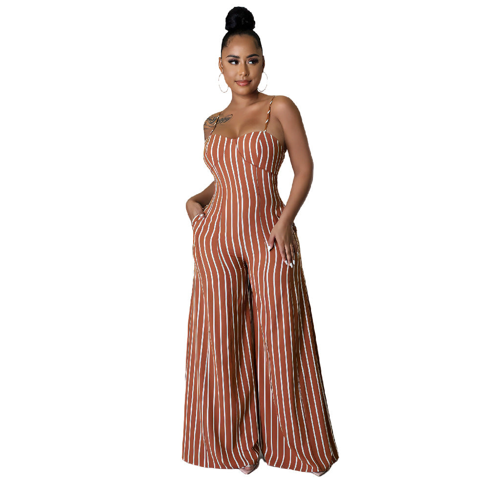 Sexy Backless Striped Wide Legs Jumpsuits