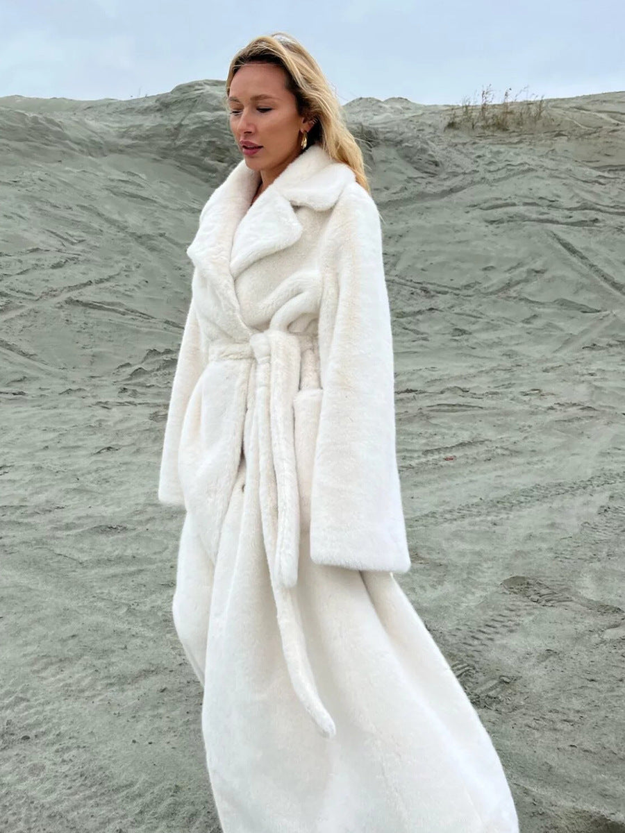 Women's Long Plush Fur Coat with Belted Waist & Notched Lapel