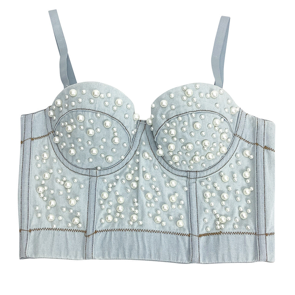 Sexy Women's Denim Bustier Top – Pearl Embellished Strappy Cropped Corset Vest