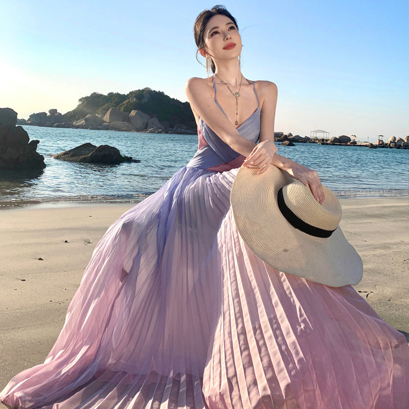 Bohemian Gradient Pink Purple Ruffle Backless Maxi Dress