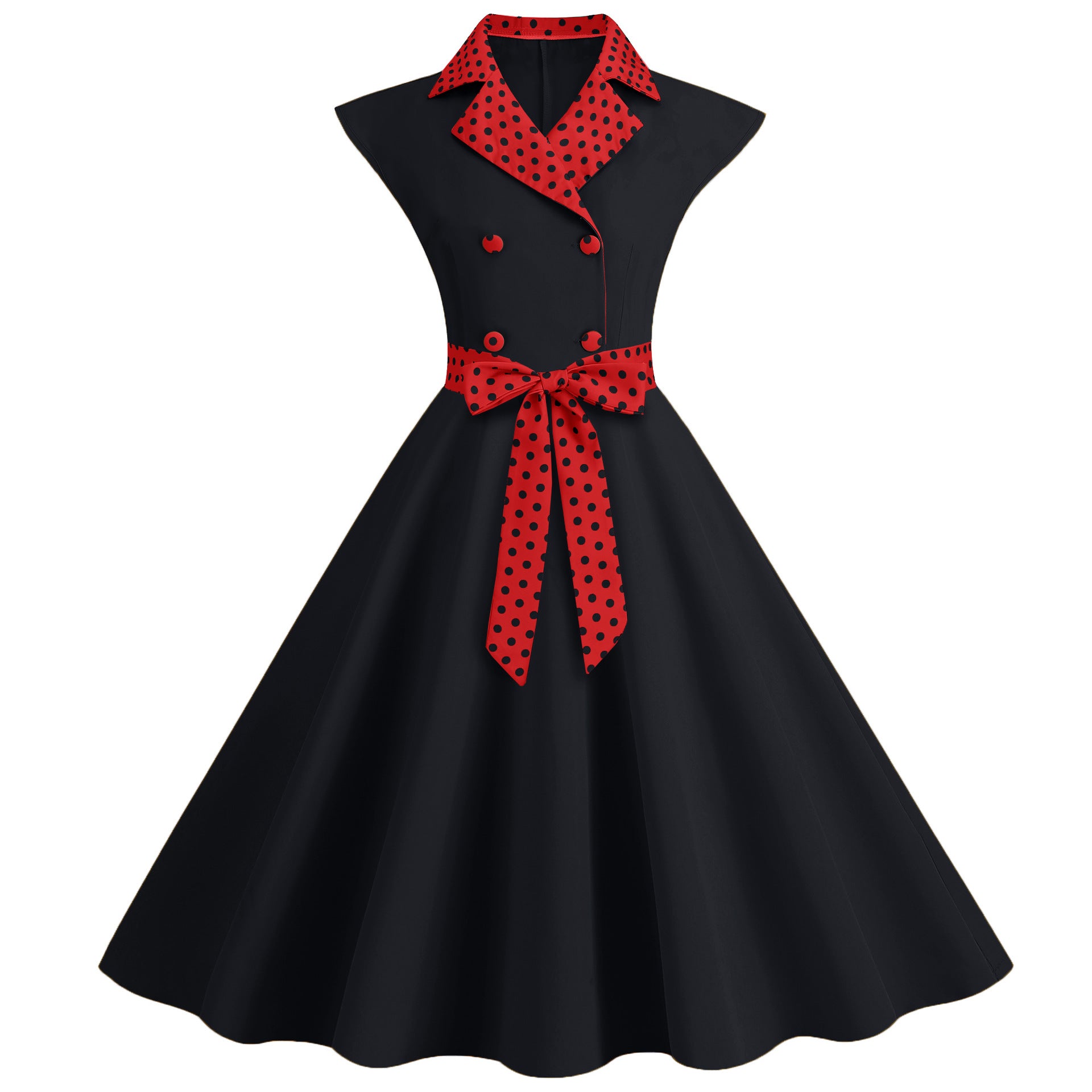 Elegant V-Neck Polka Dot & Solid Color A-Line Dress with Belt for Women