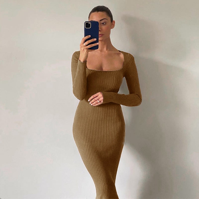 Sexy Square Neckline Long Sleeves Knitted Long Dresses-Dresses-Brown-S-Free Shipping at meselling99