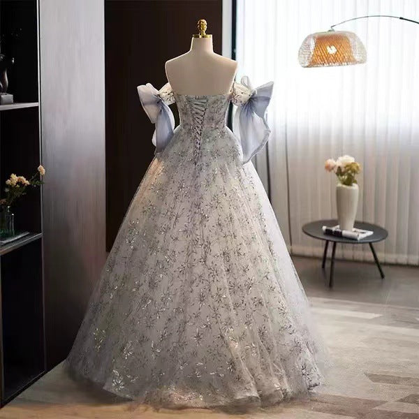 One-Shoulder Mesh Back Lace-Up Evening Dress