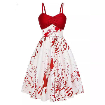 Halloween Doodle Print Color-Block Slim Fit Slip Dress