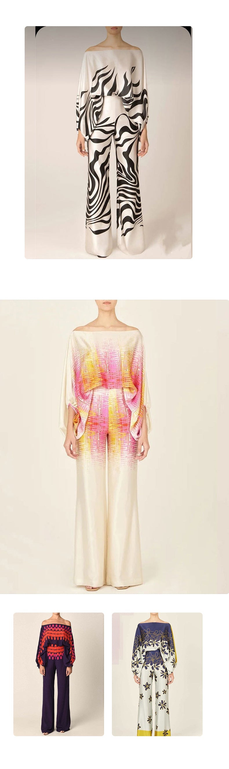 Women's Printed Round Neck Batwing Sleeve Top & Wide-Leg Pants Set